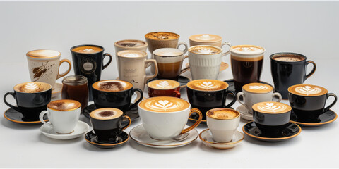 coffee cups with different types and colors on white background, top view	
