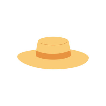 recommend clip art: Straw sun hat vector illustration isolated. Flat hand drawn clip art of summer accessory with ribbon.