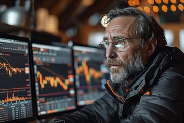 A contemplative trader gazes at market charts, the reflection of countless fluctuations and possibilities shining in his eyes.
