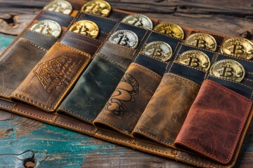 A collection of leather wallets with embossed cryptocurrencies, showcasing the blend of traditional craft and digital assets.