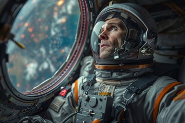 A pensive astronaut in a vintage space suit looks out of a spacecraft window, deep in thought as Earth looms in the distance.