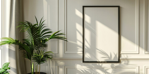 empty blank  black frame on white wall wint plant in modern living room