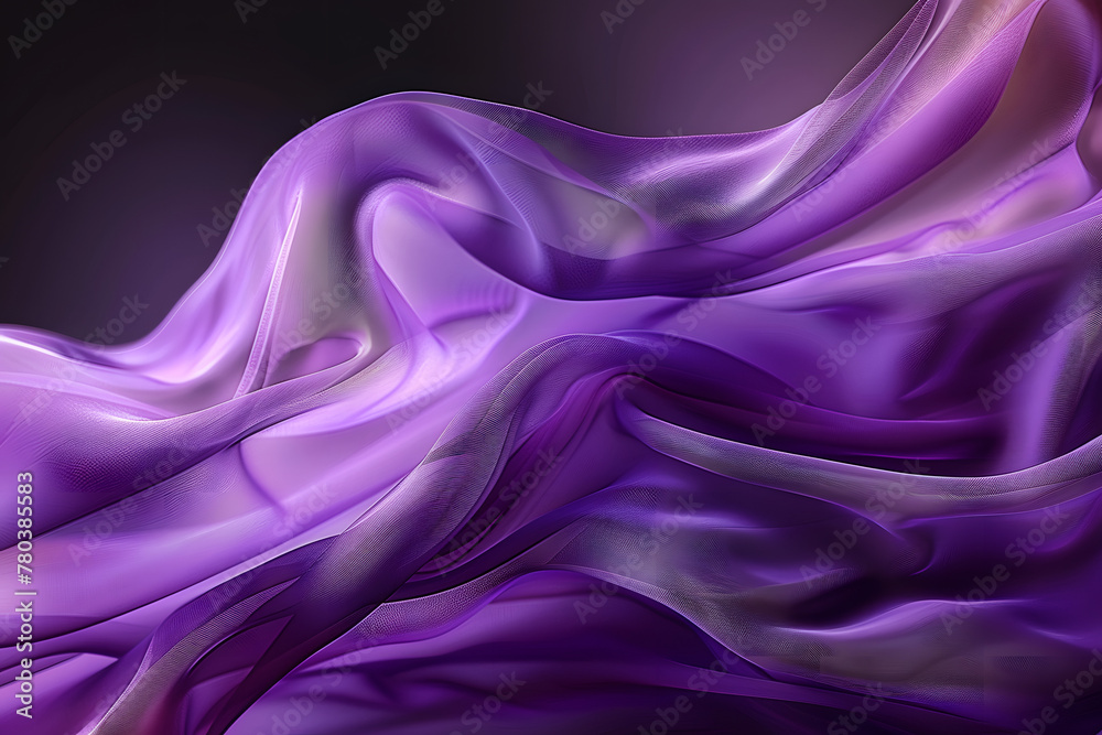 Wall mural a close up of a purple fabric blowing in the wind on a black background with a blur of light coming from the top of the fabric.