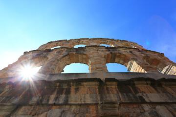 The Verona Arena, Roman amphitheater, view from down to the walls