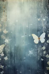 Papier Peint photo Papillons en grunge Vintage grunge backdrop with luminous butterflies and white floral double exposure