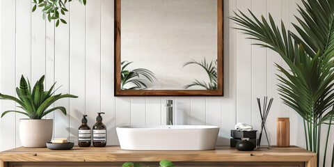 modern bathroom interior with   wooden table, mirror frame and plants 