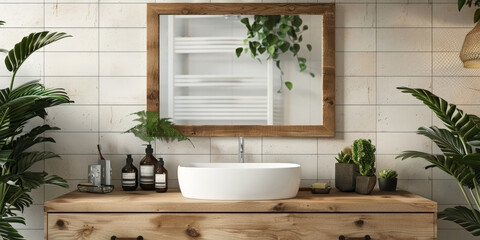 modern bathroom interior with   wooden table, mirror frame and plants 