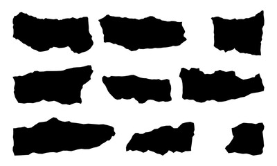 Vector black jagged paper abstract shapes set isolated on white. Rough torn edge frames collection sticker piece, shred strip, grunge border, text box shapes.