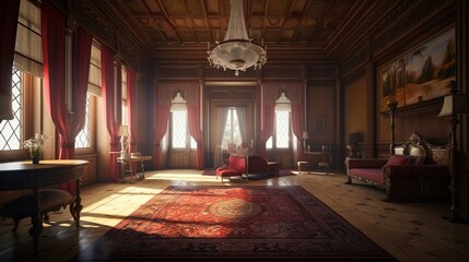 Design of a cozy living room interior in a modern Empire style. AI generated.