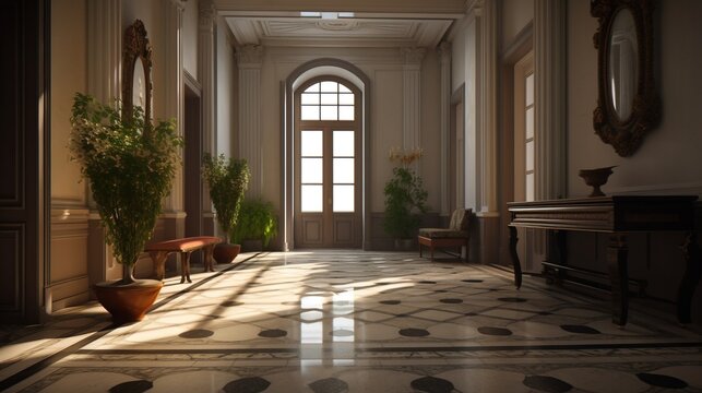 Design of a cozy living room interior in a modern classicism style. AI generated.
