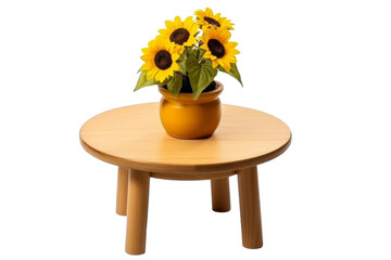 Wooden Table With Vase of Sunflowers. On a White or Clear Surface PNG Transparent Background.
