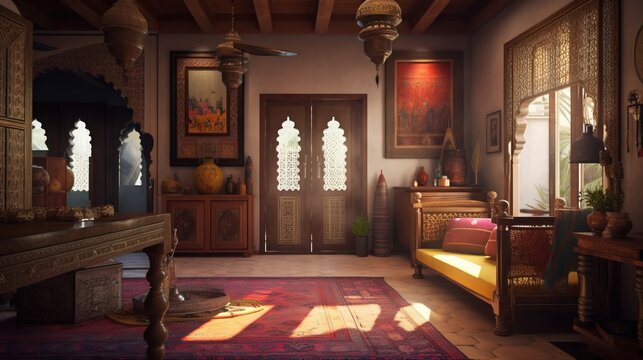 Design of a cozy living room interior in a modern indian style. AI generated.