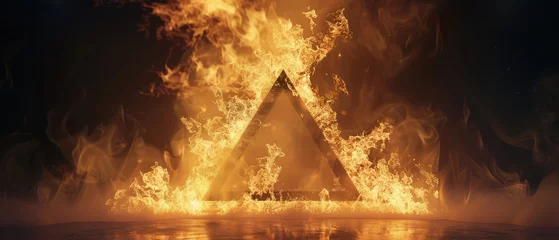 Foto op Canvas Rendered burning flames in a triangular shape,Fire triangle on a black background.Abstract hot triangle, flame frame. Gradually, a burning triangle of fire and constant burning appeared. portal,design © PX Studio