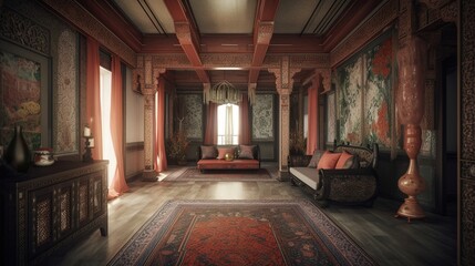 Fototapeta na wymiar Design of a cozy living room interior in a modern oriental style. AI generated.