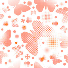 Seamless red butterfly background from dots. Halftone. hand drawing. Not AI, Vector illustration.