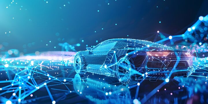 blue car made of an abstract polygon network - blue blurred glowing network in the background - connectivitiy of cars - data management - autonomous cars，Technology Shining Colorful Car