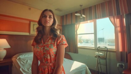 An analog style photo capturing a gorgeous woman in various poses within an old motel room, evoking the aesthetic of classic American films