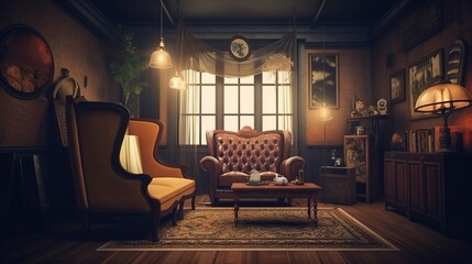 Design of a cozy living room interior in a modern vintage style. AI generated.