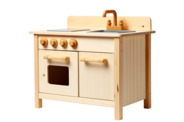 Wooden Toy Kitchen With Sink and Stove. On a White or Clear Surface PNG Transparent Background.