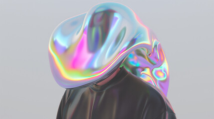 Abstract 3D illustration of a humanoid figure with a colorful, iridescent liquid-like head, on a neutral background, depicting concepts of artificial intelligence, future technology, or creativity.