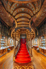 Fototapeta premium Porto, Portugal - October 30, 2023: Interior view of Lello bookstore (Portuguese: Livraria Lello) and its famous wooden staircase in historic center of Porto , famous for Harry Potter film (Porto)