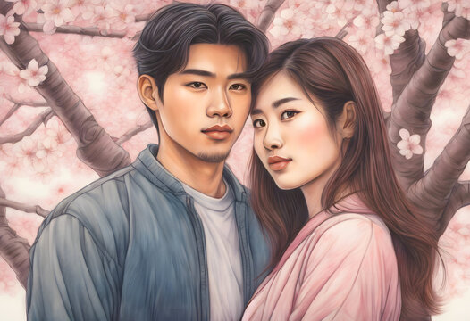 A beautiful young Asian couple in love stands under a blooming cherry tree