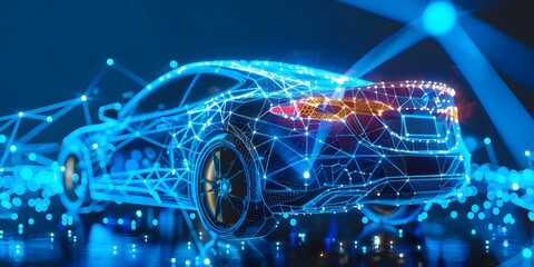 blue car made of an abstract polygon network - blue blurred glowing network in the background - connectivitiy of cars - data management - autonomous cars，Technology Shining Colorful Car