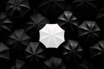 Illuminated Uniqueness. A single white umbrella stands out in a sea of black ones, symbolizing individuality and the courage to stand distinct amidst uniformity