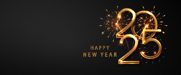 2025 New Year Abstract golden fireworks and golden gradient numbers on dark background