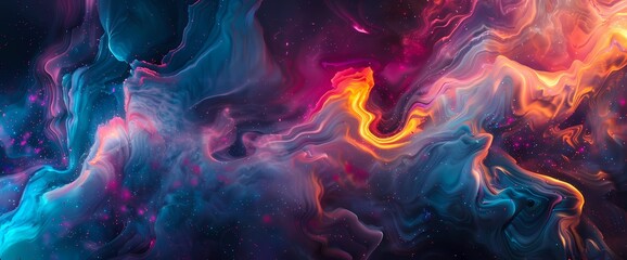 Cosmic currents carry neon ribbons on a celestial journey, their vibrant hues swirling and mingling in a mesmerizing display of liquid luminescence. - obrazy, fototapety, plakaty