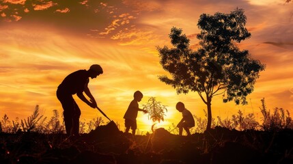 father mother child planting tree sunset. family silhouette. three people water plant plant soil sunset.
