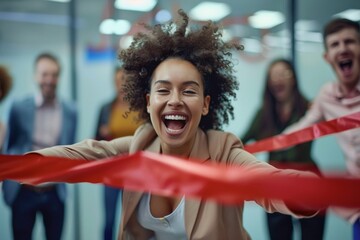 Large group of joyful entrepreneurs having fun on a sports race in the office Happy businesswoman crossing finish line during race.,ai generate