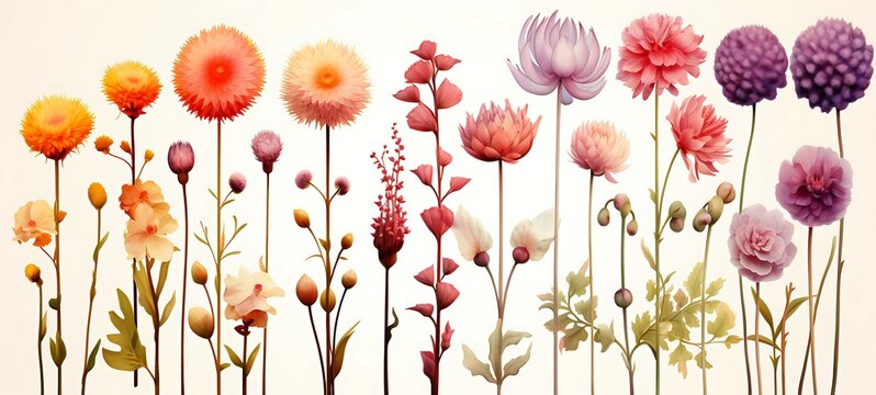 Vibrant collection of different exotic flowers with long stems isolated on a white background