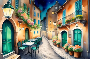 Obraz premium watercolor postcard with an old medieval European night street with an outdoor cafe