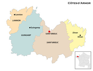 Administrative map of the Breton department of Cotes d Armor, France