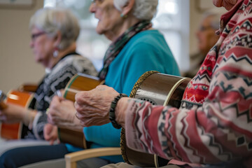Music therapy sessions in seniors community center, where seniors play on musical instruments
