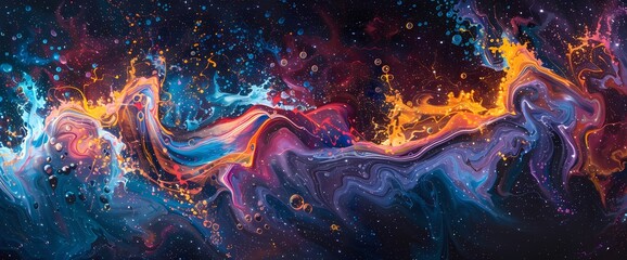 Cosmic currents carry neon ribbons on a celestial journey, their vibrant hues swirling and mingling in a mesmerizing display of liquid luminescence.