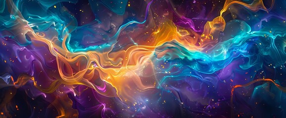 Cosmic currents carry neon ribbons on a celestial journey, their vibrant hues swirling and mingling in a mesmerizing display of liquid luminescence.