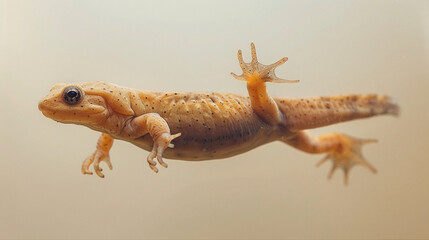 a Newt Swimming, studio shot, against solid color background, hyperrealistic photography, blank space for writing - obrazy, fototapety, plakaty