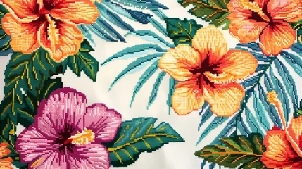 Fotobehang Vibrant Tropical Flowers Cross-Stitch Embroidery Pattern © TY