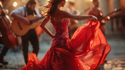 A young beautiful woman in a red luxurious dress dances on the street against the backdrop of...