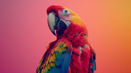 a Parrot Mimicking, studio shot, against solid color background, hyperrealistic photography, blank space for writing
