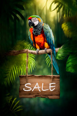early bird discount, a parrot sits on a branch with the inscription SALE