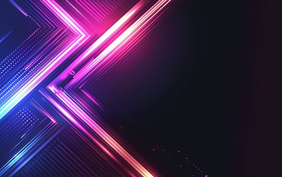 A picture of sharp neon shapes in violet purple and blue lights, arrow and triangle styles, glowing wall background, AI Generated.