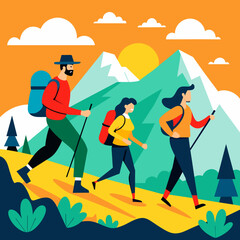 Vector illustration of people enjoying various activities like mountain hikes, featuring women, men, children, couples, and families having fun together