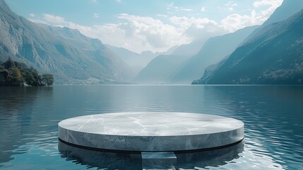 A large round or podium show case white object sits on a body of water - obrazy, fototapety, plakaty
