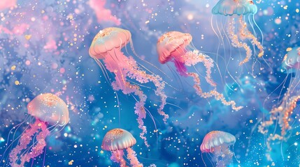 Blue and pink watercolor jellyfish pattern illustration poster background