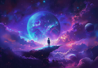 A person standing at the edge of an endless galaxy, surrounded by planets and stars