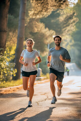 A man and a woman are running on a road