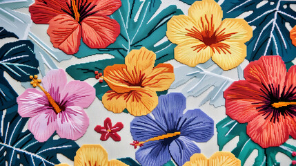 Vibrant Tropical Flowers Cross-Stitch Embroidery Pattern - obrazy, fototapety, plakaty